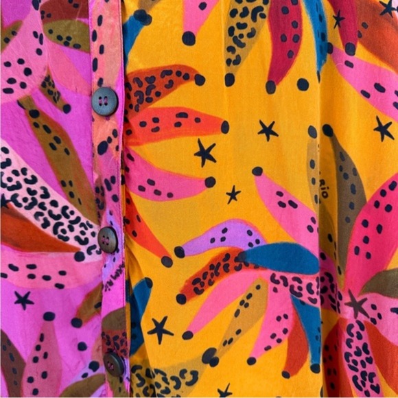 FARM RIO Tropical Banana Logo Button Up Shirt Women Medium Long Sleeves Dopamine - Picture 5 of 15